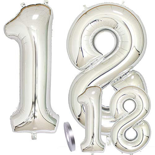 cholinchin Luftballons Zahl 18 Geburtstag XXL Silber - Riesen Folienballon in 2 Größen 40" & 16" | Set XXL 100cm + Mini 40cm Version Geburtstagsdeko | Vier Zahlen | Ideal zum 18. als Deko von cholinchin