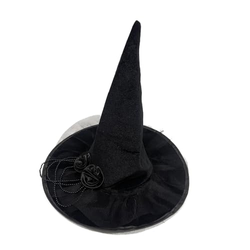 churuso Eleganter schwarzer Hexenhut mit einzigartiger Rose und Perlenkette, stilvolles Zubehör für Kostümpartys, Halloween-Dekoration von churuso