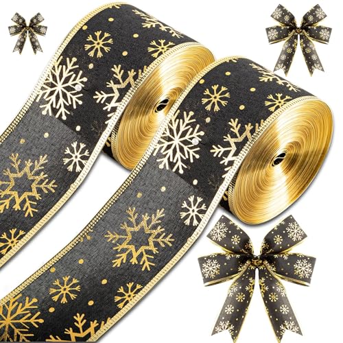 2 Rollen 20 Meter Weihnachts-Schneeflockenband 6,3 cm Weihnachten Schwarz und Gold Drahtband Xmas Glitzer Bänder Handwerk Geschenkverpackung Band für Weihnachtsbaum Urlaub Party Dekoration Supplies von clothmile