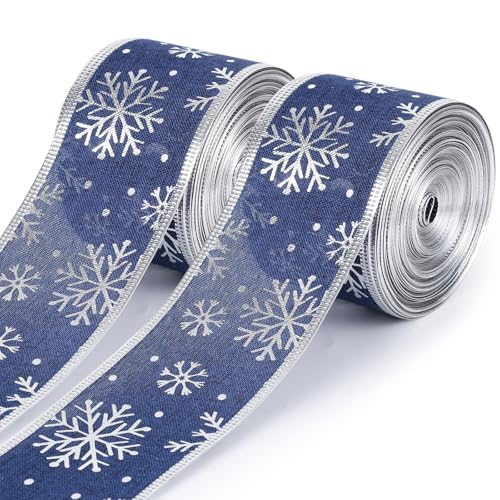 2 Rollen 40 Meter Weihnachts-Schneeflockenband 6,3 cm Weihnachten Drahtband Xmas Glitzer Bänder Handwerk Geschenkverpackung Band für Weihnachtsbaum Urlaub Party Dekoration Supplies (Blau, 40 Yard) von clothmile