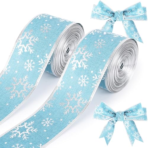 2 Rollen 40 Meter Weihnachts-Schneeflockenband 6,3 cm Weihnachten Drahtband Xmas Glitzer Bänder Handwerk Geschenkverpackung Band für Weihnachtsbaum Urlaub Party Dekoration Supplies (Eis, 40 Yard) von clothmile