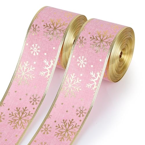 2 Rollen 40 Meter Weihnachts-Schneeflockenband 6,3 cm Weihnachten Drahtband Xmas Glitzer Bänder Handwerk Geschenkverpackung Band für Weihnachtsbaum Urlaub Party Dekoration Supplies (Rosa, 40 Yard) von clothmile