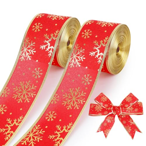 2 Rollen 40 Meter Weihnachts-Schneeflockenband 6,3 cm Weihnachten Drahtband Xmas Glitzer Bänder Handwerk Geschenkverpackung Band für Weihnachtsbaum Urlaub Party Dekoration Supplies (Rot, 40 Yard) von clothmile