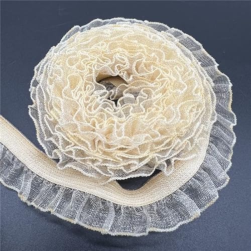 Organza Lace Trim Ruffled Sewing Fabric DIY， 16mm Organza Elastic Lace Ribbon Fold Over Ruffle Elastic Band for Sewing Lace Trim Waist Band Garment Accessory(Beige 2,2 yards) von cnirngS