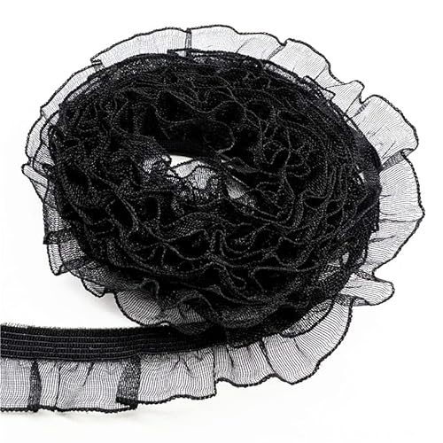 Organza Lace Trim Ruffled Sewing Fabric DIY， 16mm Organza Elastic Lace Ribbon Fold Over Ruffle Elastic Band for Sewing Lace Trim Waist Band Garment Accessory(Black,2 yards) von cnirngS