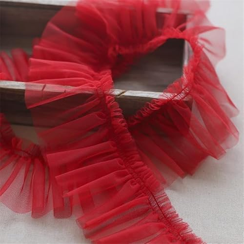 Organza Lace Trim Ruffled Sewing Fabric DIY，10CM Wide Tulle Frilled Mesh 3D Pleated Fabirc Lace Embroidery Fringed Ribbon Ruffle Trim Dress Collar Applique DIY Sewing Decor(Red) von cnirngS
