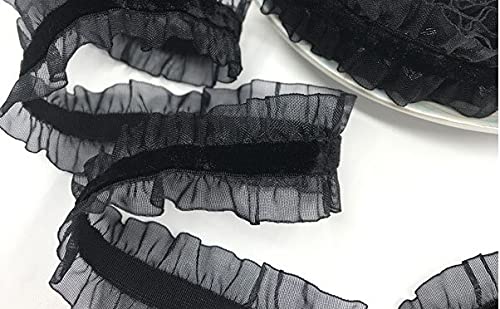 Organza Lace Trim Ruffled Sewing Fabric DIY，2yard 2.5cm Organza Ruffle Elastic Lace Trim Velvet Ribbon Stretch Band for Garment Handmade Sewing Patchwork (Size : 2yards)(Black) von cnirngS