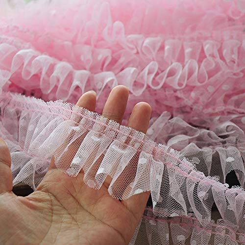 Organza Lace Trim Ruffled Sewing Fabric DIY，5CM Wide Tulle Mesh Pleated Fabric Embroidered Dots Lace Collar Ribbon Ruffle Trim Dolls Dress Apparel DIY Sewing Decor 1yard(Pink) von cnirngS