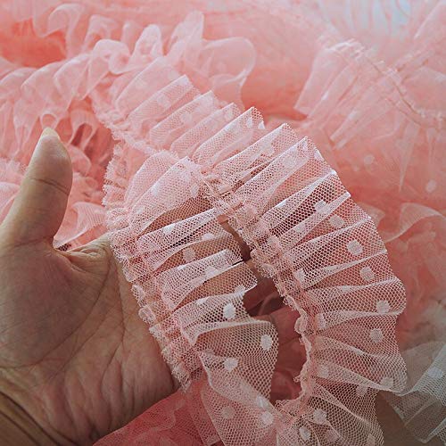 Organza Lace Trim Ruffled Sewing Fabric DIY，5CM Wide Tulle Mesh Pleated Fabric Embroidered Dots Lace Collar Ribbon Ruffle Trim Dolls Dress Apparel DIY Sewing Decor 1yard(Powder pink) von cnirngS