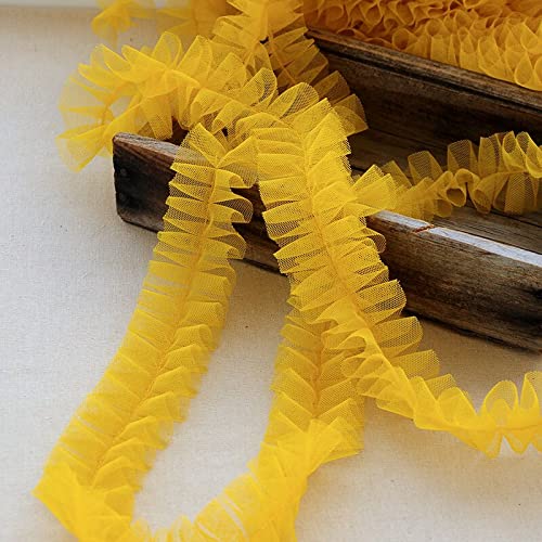 Organza Lace Trim Ruffled Sewing Fabric DIY，5CM Width 1Yard Tulle Mesh 3D Pleate Lace Fabric Ribbon Dress Cloth Neckline Collar Ruffle Trim Sewing Decor(Yellow) von cnirngS