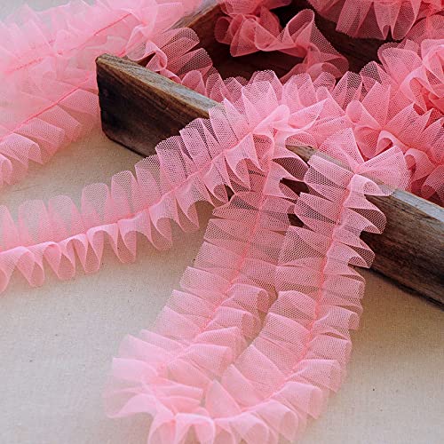 Organza Lace Trim Ruffled Sewing Fabric DIY，5Meters 5cm Tulle 3D Pleated Mesh Fabric Ruffle Fringe Lace Edging Trimmings Embroidered Ribbon Dress Sewing Supplies(Dark Pink) von cnirngS