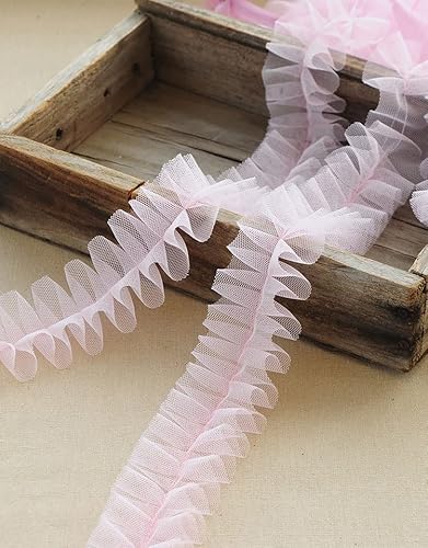 Organza Lace Trim Ruffled Sewing Fabric DIY，5Meters 5cm Tulle 3D Pleated Mesh Fabric Ruffle Fringe Lace Edging Trimmings Embroidered Ribbon Dress Sewing Supplies(Light Pink) von cnirngS