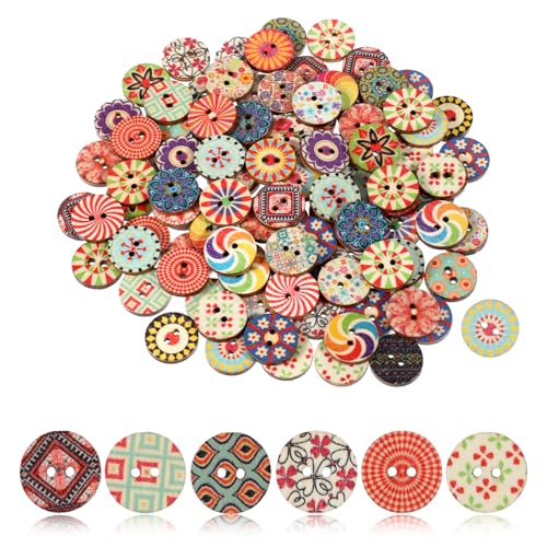 cobee 100 Stück Bunte Holzknöpfe, 15mm Vintage Nähen Knöpfe Rund Blumen Puppenknöpfe Basteln Buttons Knöpfe zum Annähen, Geometrishes Muster Kinderknöpfe für Nähen DIY Basteln Handwerk Deko von cobee