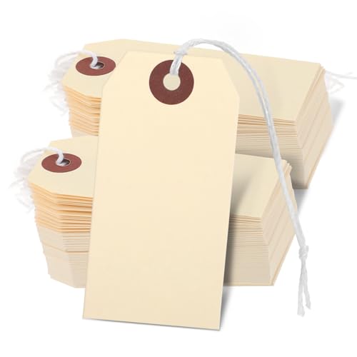 cobee 100 Stück Preisschilder Anhänger, 7 x 3,5cm Hängeetiketten Anhänger Etiketten mit Schnur, Geschenkanhänger Preisetiketten Kraftpapier Anhänger für Kleidung Schmuck Display(Khaki) von cobee