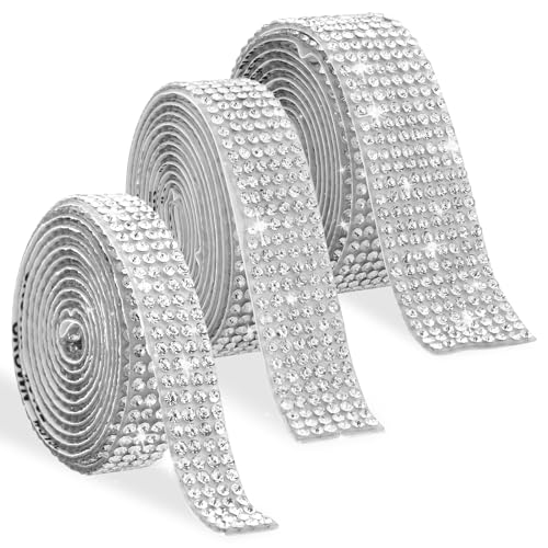 cobee 3 Rollen Strassband, Bling Strassband Selbstklebend Strassband Zum Aufnähen Glitzerband Silber 0.9cm 1.3cm 1.7cm Breite Glitzersteine Strasssteine Aufkleber für Auto DIY Dekoration Kunst von cobee