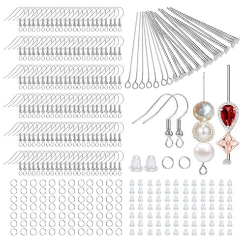 Cobee 800 Stück Ohrring Haken Set, Ohrringe Selber Machen Edelstahl Ohrringhaken Französische Ohrhaken Silber, Ohrring Verschlüssen und Biegeringen für Schmuckherstellung von Cobee