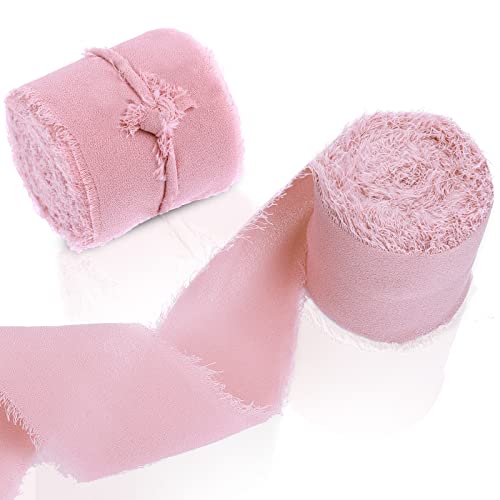 cobee Chiffon Bänder, 2 Rollen, 3,8 cm x 5,5 m, handgefertigt Fransen Chiffon Seidenbänder ausgefranste Kanten Stoff Boho Band für Geschenkverpackung Hochzeitseinladungen Blumenarrangement(Rosa) von cobee