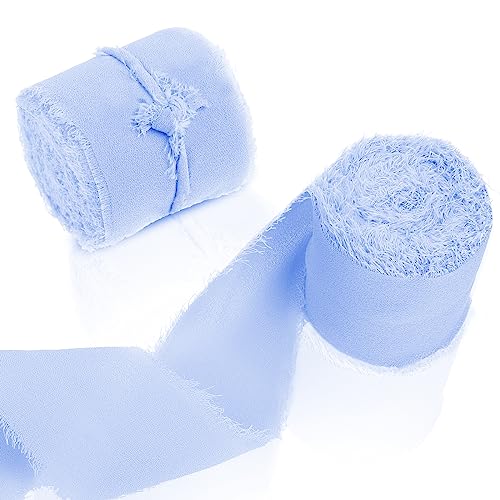 cobee Chiffon Bänder, 2 Rollen, 4cm x 5 m, handgefertigt Fransen Chiffon Seidenbänder ausgefranste Kanten Stoff Boho Band für Geschenkverpackung, Hochzeitseinladungen Blumenarrangement (Blau) von cobee