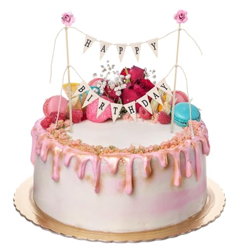 cobee Happy Birthday Tortendeko, Tortendeko Geburtstag Cake Topper Banner Kuchendeko für Geburtstag Torten Topper Girlande für Geburtstag Kuchen Topper(Farbe 1 rosa Blume) von cobee