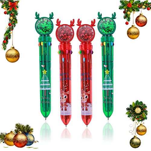 Cobee Mehrfarbige Weihnachtskugelschreiber,10-in-1Einziehbare Retractable Roller Ball mehrfarbige Tinte Netter Elch Kugelschreiber 4 Stück 0,7mm für Büro Schulbedarf Studenten Kinder Geschenk von Cobee