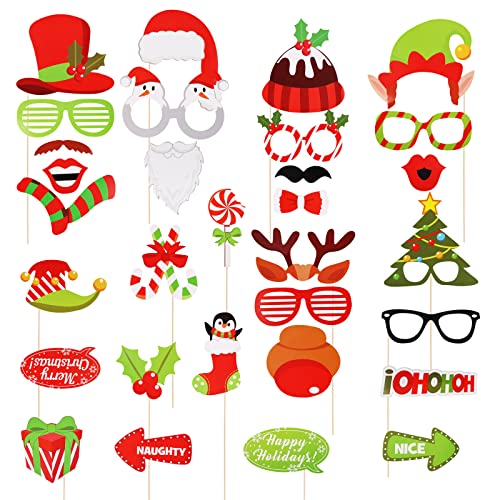 cobee Weihnachtsfeier Photo Booth Requisiten, 32 teiliges kreatives Happy Christmas Pose Sign Kit,lustige Weihnachten DIY Selfie Requisiten für Erwachsene Kinder Weihnachtsdekoration Zubehör von cobee