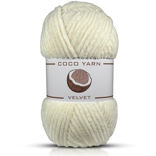 CocoYarn Samtgarn zum Häkeln, Chenille, grobes Garn zum Handstricken, flauschig weiches Plüsch, Jumbo, Amigurum, super sperrig, Babydeckengarn zum Häkeln, Größe 6, 100 g, 130 m (1, Creme-08) von coco yarn