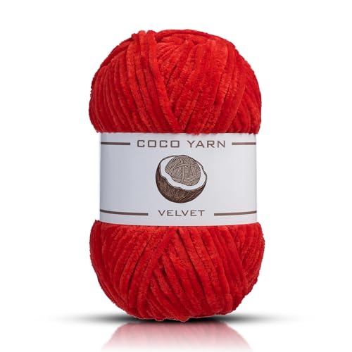 CocoYarn Samtgarn zum Häkeln, Chenille, grobes Garn zum Handstricken, flauschig weiches Plüsch, Jumbo, Amigurum, super sperrig, Babydeckengarn zum Häkeln, Größe 6, 100 g, 130 m (1, Rot-18) von coco yarn