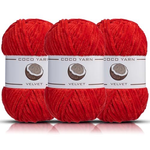 CocoYarn Samtgarn zum Häkeln, Chenille-Garn zum Handstricken, flauschig weiches Plüsch-Jumbo-Amigurum, super sperriges Babydeckengarn zum Häkeln, Größe 6, 100 g, 130 m (3, Rot-18) von coco yarn