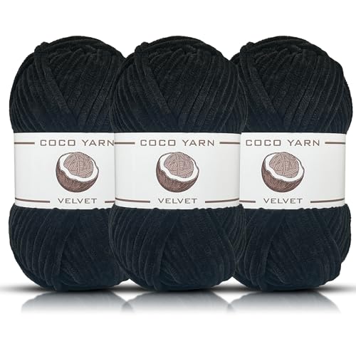 CocoYarn Samtgarn zum Häkeln, Chenille-Garn zum Handstricken, flauschig weiches Plüsch-Jumbo-Amigurum, super sperriges Babydeckengarn zum Häkeln, Größe 6, 100 g, 130 m (3, Schwarz-11) von coco yarn