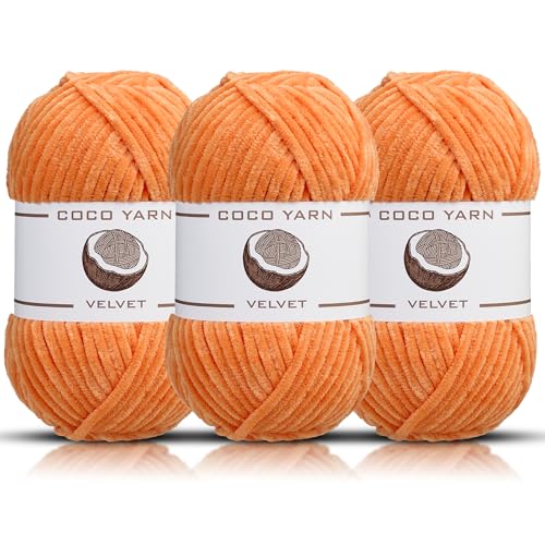 CocoYarn Samtgarn zum Häkeln, Chenille-Garn zum Handstricken, flauschig weiches Plüsch-Jumbo-Amigurum, super sperriges Babydeckengarn zum Häkeln, Größe 6, 100 g - 130 m (3, Dry Orange-16) von coco yarn