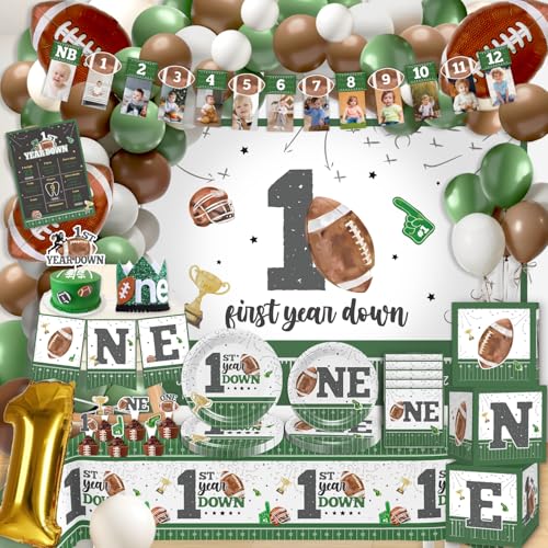 192pcs First Year Down Birthday Party Decorations Include Photo Banner High Chair Banner Backdrop Tablecloth Balloons Tableware Balloon Box Cutout Crown Poster Cake Topper, for First Down Birthday von cocomigo