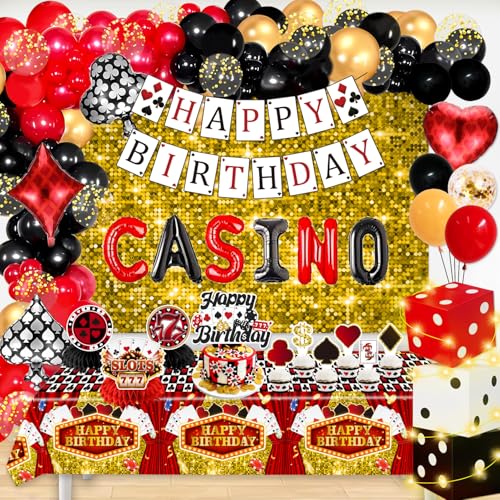 Casino Thema Party Dekorationen 132pcs Casino Party Dekorationen Casino Nacht Dekorationen Casino Geburtstag Dekorationen Casino Dekorationen inklusive Banner Ballon Box Hintergrund Kuchen von cocomigo