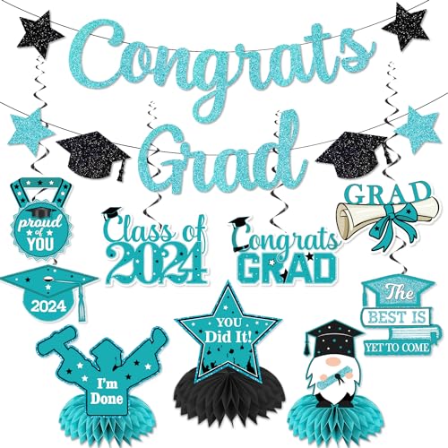 Teal Graduation Party Dekorationen 2023, NO-DIY Glitzer Abschlussfeier Party Dekorationen 2023 Inklusive Congrats Grade Banner und 2022 Abschluss hängende Wirbel, Blaugrün Congrats Grad Dekorationen von cocomigo