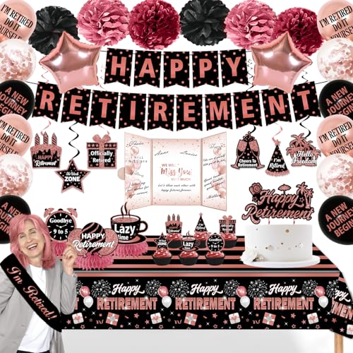 cocomigo 49-teiliges rotgoldenes Partydekorationspaket für den Ruhestand, einschließlich Happy Retirement Banner zum Aufhängen, Wirbelballons, Papier-Pompons, Ruhestandskarte, Wabendekoration, Schärpe von cocomigo