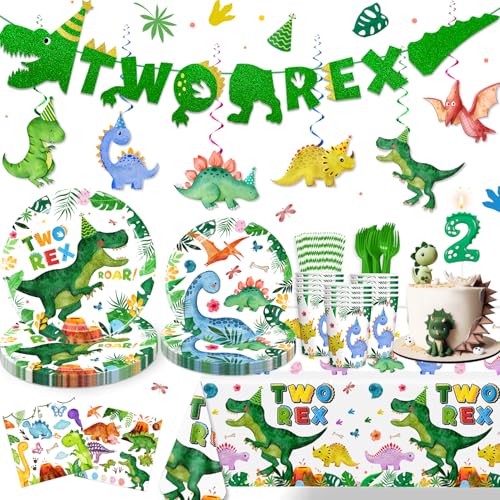 cocomigo Zwei Rex Geburtstagsdekorationen Junge Geschirr, 2. Geburtstag Dekorationen für Jungen enthalten Dinosaurier Kuchen Kerzenteller Servietten und Tassen Banner Tischdecke für Dinosaurier von cocomigo