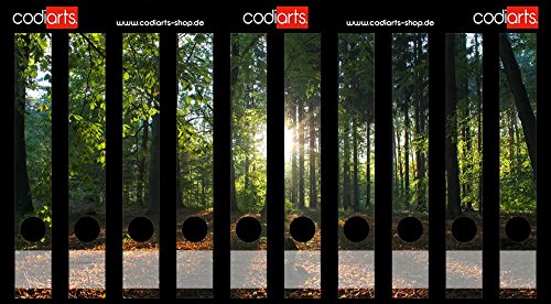 Set 10 Stück schmale Ordner-Etiketten selbstklebend Ordnerrücken Sticker Sonnenstrahlen, Natur, Sonne im Wald, Sonnenuntergang auf Waldlichtung von codiarts.