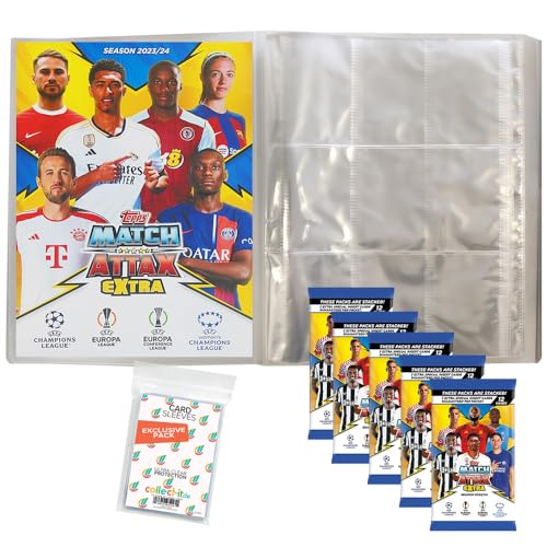 Bundle mit Match Attax Champions League 2023/24 EXTRA - Trading Cards - 1 Leere Sammelmappe + 5 Booster + Exklusive Collect-it Hüllen von collect-it.de MY HOME OF CARDS + TOYS