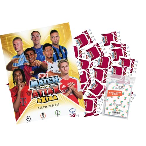 Bundle mit Match Attax Champions League 2024/25 EXTRA - Trading Cards - 1 Leere Sammelmappe + 100 Verschiedene, zufällige Karten + Exklusive Collect-it Hüllen von collect-it.de MY HOME OF CARDS + TOYS