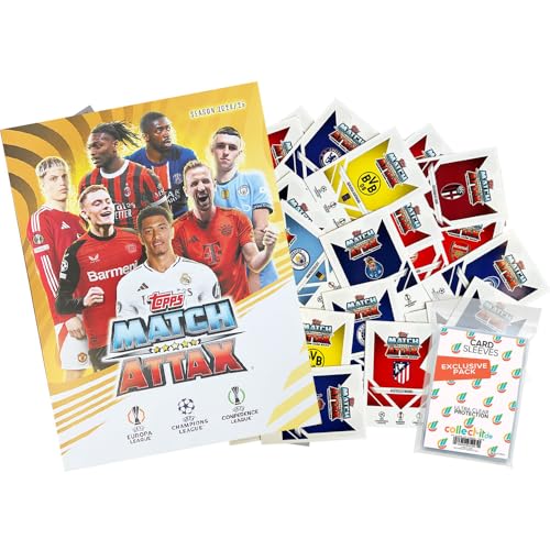 Bundle mit Match Attax Champions League 2024/25 - Trading Cards - Leere Sammelmappe + 100 Verschiedene, zufällige Karten + Exklusive Collect-it Hüllen von collect-it.de MY HOME OF CARDS + TOYS