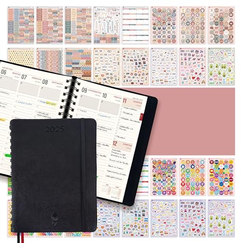 colortouch Buchkalender 2025 mit 3000+ St Planer Aufkleber Set, Scrapbook Stickers Zubehör für A5 und 30 Minuten-Intervalle Kalender Ringbuch, Planner, Organizer, Agenda mit Softcover (14 Monate) von colortouch