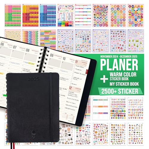 colortouch Tageskalender 2025 mit 2500+ St Organizer Aufkleber, Planner Sticker für Monatsplaner,Wochenplaner mit Softcove, A5 Taschenkalender Ringbuch auf Deutsch,14 Monate Kalender (Nov 24-Dez 25) von colortouch