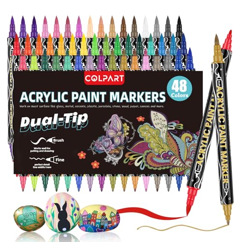 colpart Acrylstifte für Steine wasserfest-48 Farben Steine Bemalen Doppelendige Acrylic PaintPermanent Marker Stift Für Kunststoff Glas Holz Keramik Metall Reifen Leinwand. von colpart