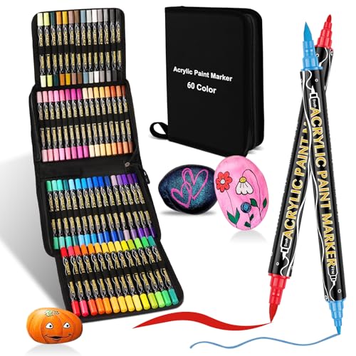 colpart Acrylstifte für Steine wasserfest-60Bagtype-Steine Bemalen Doppelendige Acrylic PaintPermanent Marker Stift Für Kunststoff Glas Holz Keramik Metall Reifen Leinwand. von colpart