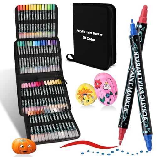 colpart Acrylstifte für Steine wasserfest-Steine Bemalen Doppelendige Acrylic PaintPermanent Marker Stift Für Kunststoff Glas Holz Keramik Metall Reifen Leinwand.-60BagtypeSet von colpart