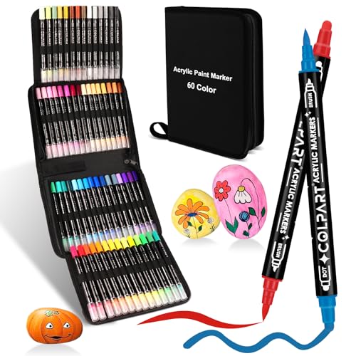 colpart Acrylstifte für Steine wasserfest-Steine Bemalen Doppelendige Acrylic PaintPermanent Marker Stift Für Kunststoff Glas Holz Keramik Metall Reifen Leinwand.60BagtypeBrushSet von colpart