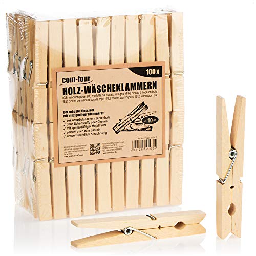 com-four® 100x Wäscheklammern XXL aus Holz - Nachhaltige Holzklammern aus Birkenholz - unbehandelte Holzwäscheklammern zum Wäscheaufhängen, ca. 10 cm (100 Stück - Birke - XXL) von com-four