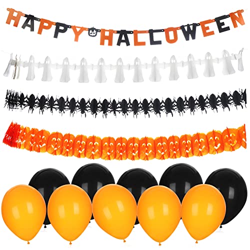 COM-FOUR® 14-teiliges Set aus Girlanden, Luftballons und Buchstabengirlande, Hängedeko-Set für Halloween, Geburtstag, Motto-Party (14-teiliges Set - Happy Halloween) von com-four