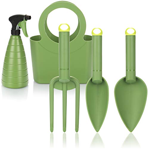 com-four® Premium-Gartenwerkzeug-Set – Leichte und handliche Gartenhelfer für Kinder und Senioren – Mit Sprühflasche und Tragetasche – Robuste Pflanzgeräte für müheloses Gärtnern (5-teilig grün) von com-four