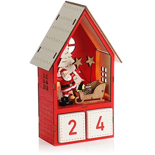 COM-FOUR® LED Adventskalender aus Holz - Würfelkalender in Haus-Form - dekorativer Tischkalender als Countdown bis Weihnachten - beleuchteter Holzblockkalender (LED- Haus - rot) von com-four