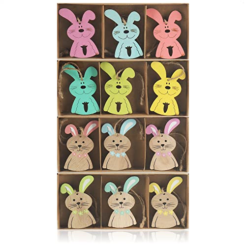 com-four® 12x Dekoanhänger Osterhase - Bunte Hasen aus Holz zum Aufhängen - Holzaufhänger zum Dekorieren - Osterstrauß (12 Stück - Hasen bunt) von com-four